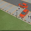 Orange Small Cars Parked in Urban Parking Lot With People Walking and Yellow Lines