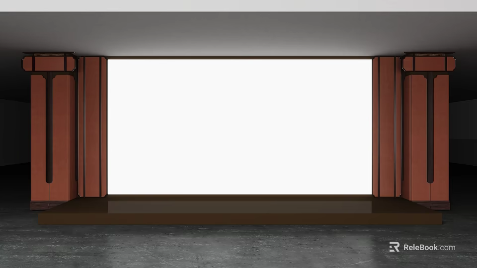 Simple Stage Setup With White Backdrop Brown Wooden Columns And Dark Floor 3d model