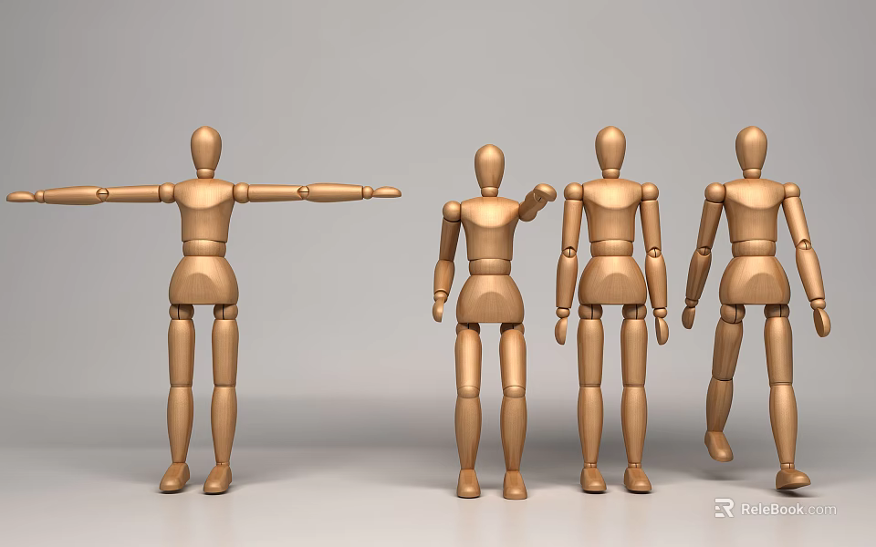Set Of Four Wooden Mannequins In Various Poses Standing Together 3d model 