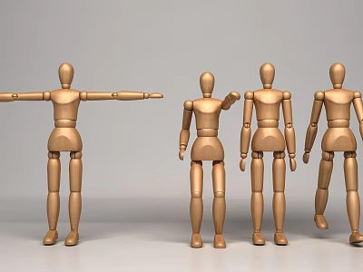 Set Of Four Wooden Mannequins In Various Poses Standing Together 3d model