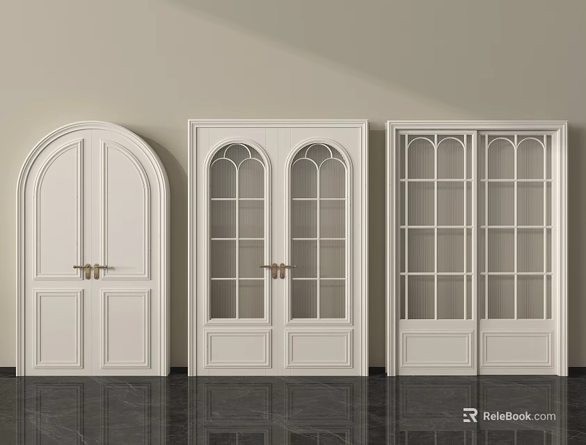 White Double Doors With Arched And Rectangular Glass Panels And Gold Handles 3d model