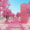 Scenic Outdoor Spot With Pink Cherry Trees Pink Benches Petal Covered Ground And Blue Sign