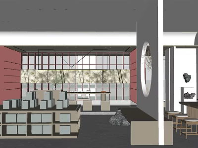 Modern Boutique Store Interior With Red Wall Grid Window Display Shelves And Round Decor 3d model