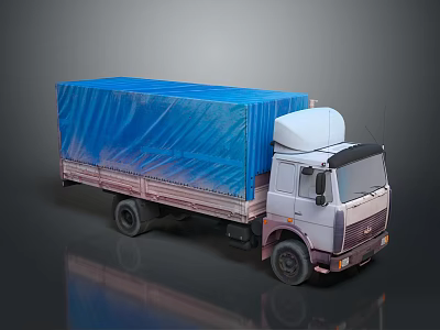 White Cab Cargo Truck With Blue Tarp Covered Bed On Gray Background 3d model