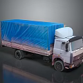 White Cab Cargo Truck With Blue Tarp Covered Bed On Gray Background