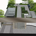 Modern High Rise Building Exterior with Vertical Grille Entrance Stone Path and Trees