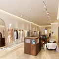 Modern Clothing Store Interior with Arched Doorways Pendant Lights Wooden Counter and Herringbone Flooring