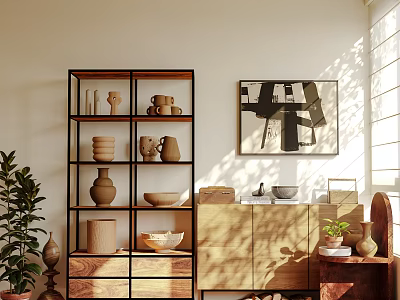Modern Wooden Shelving Unit Displaying Ceramic Vases Bowls and Potted Plant in Sunlit Interior 3d model