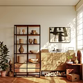 Modern Wooden Shelving Unit Displaying Ceramic Vases Bowls and Potted Plant in Sunlit Interior