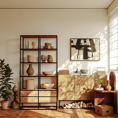 Modern Wooden Shelving Unit Displaying Ceramic Vases Bowls and Potted Plant in Sunlit Interior 3d model