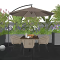 Elegant Villa Balcony Outdoor Living Area With Dining Table Chairs Umbrella Green Plants And Flowers