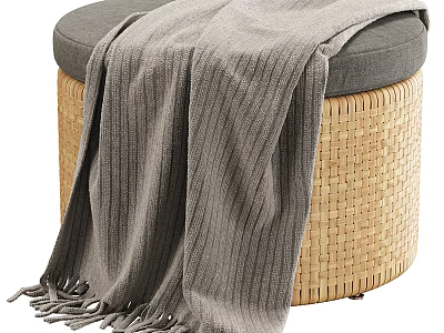 Stylish Gray Cushioned Wicker Stool with Soft Knitted Throw and Tassels 3d model