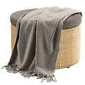 Stylish Gray Cushioned Wicker Stool with Soft Knitted Throw and Tassels 3d model