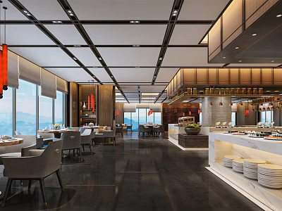 Modern Restaurant Interior With Large Windows Dining Tables And Buffet Counter 3d model