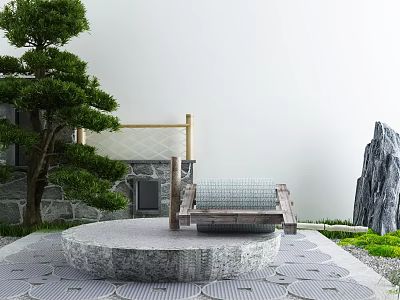 Serene Courtyard Garden With Green Pine Tree Stone Circular Platform Wooden Bench And Rock Landscape 3d model