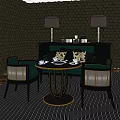 Classic Round Dining Table Set With Four Chairs And Table Lamps On Dark Wall