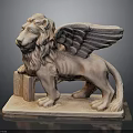 Classic Winged Lion Statue With Intricate Design And Stone Pedestal Base
