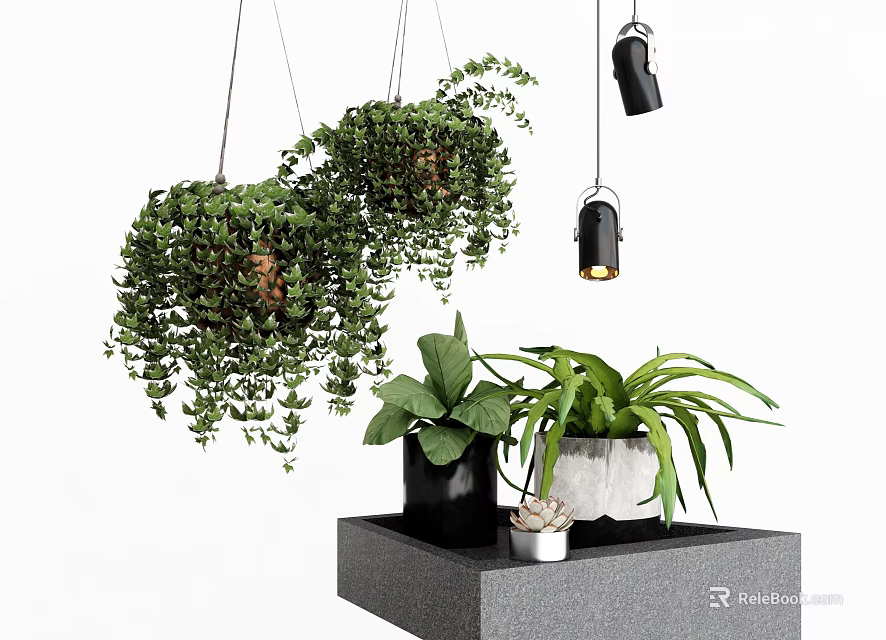 Lush Green Hanging Basket Plants With Potted Greenery On Gray Decorative Platform 3d model 