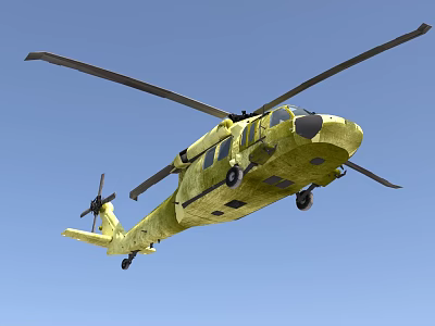 Yellow Military Style Helicopter Flying with Rotors in Clear Blue Sky 3d model