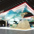 Chinese Style Modern Exhibition Booth Design With Mountain Water Patterns Red Eaves And Curved Structures