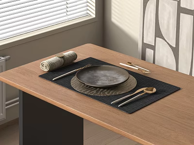 Tableware Set With Plate Utensils And Rolled Napkin On Dark Placemat 3d model