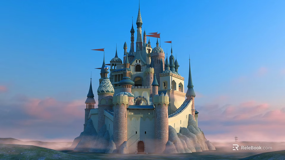 Ancient Castle With Tall Spires Flying Flags And Mist Around Mountain Base Under Blue Sky 3d model 