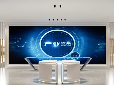 High Tech Modern Exhibition Hall With Large Blue Screen Industrial System And White Tables 3d model