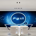High Tech Modern Exhibition Hall With Large Blue Screen Industrial System And White Tables