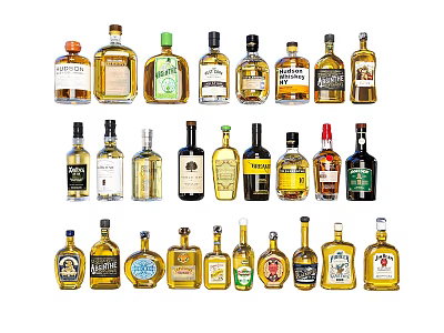 Various Alcohol Bottles and Glasses Displayed with Different Labels Sizes and Designs on White Background 3d model