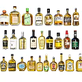 Various Alcohol Bottles and Glasses Displayed with Different Labels Sizes and Designs on White Background