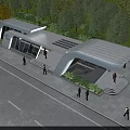 Modern Curved Urban Building Featuring Glass Facade Pedestrians And Lush Street Trees