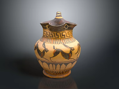 Ancient Pottery Sculpture With Lid Yellow Black Geometric Patterns And Animal Motifs 3d model