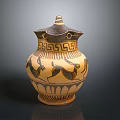 Ancient Pottery Sculpture With Lid Yellow Black Geometric Patterns And Animal Motifs