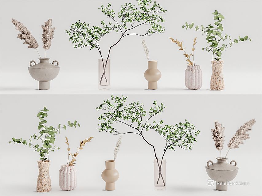 Various Neutral Toned Decorative Vases With Green Foliage And Dried Plants 3d model 