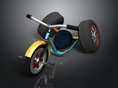Colorful Tricycle With Large Wheels Red Rims Blue Seat And Yellow Frame 3d model