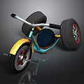 Colorful Tricycle With Large Wheels Red Rims Blue Seat And Yellow Frame