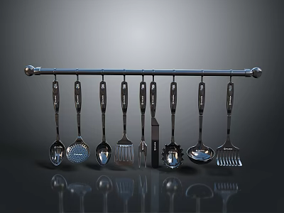 Silver Kitchen Utensils with Black Handles Hanging on Metal Rod Dark Reflective Background 3d model