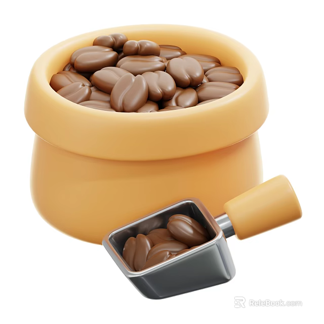 Yellow Bowl Filled With Chocolate Candies And Metal Scoop With Yellow Handle 3d model 