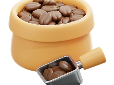 Yellow Bowl Filled With Chocolate Candies And Metal Scoop With Yellow Handle 3d model
