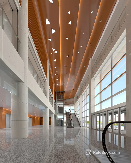 Modern Front Desk Reception Area With Wooden Ceiling Triangular Accents And Large Windows 3d model 