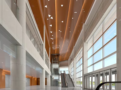 Modern Front Desk Reception Area With Wooden Ceiling Triangular Accents And Large Windows 3d model