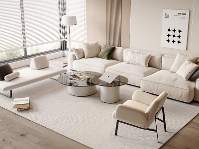 Modern Living Room with Cream Sofa Pillows and Round Coffee Table Set on White Rug 3d model