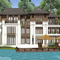 Modern Chinese Villa By The Lake With Lush Trees And Water Reflection