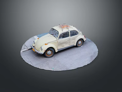 Vintage Cream Colored Volkswagen Beetle With Worn Exterior On Circular Gray Platform 3d model
