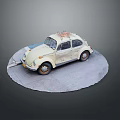 Vintage Cream Colored Volkswagen Beetle With Worn Exterior On Circular Gray Platform