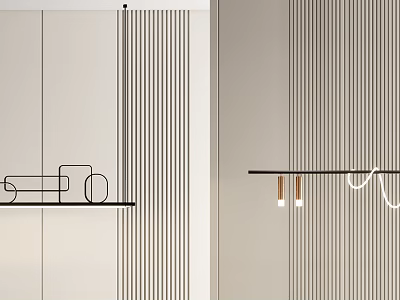 Modern Minimalist Interior With Sleek Pendant Lights And Vertical Striped Walls 3d model