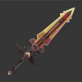 Glowing Fantasy Sword With Red Yellow Blade And Intricate Ornate Hilt Design