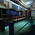 Stylish Bar Interior Design With Blue Wavy Ceiling Decorative Columns Round Tables And Cozy Chairs