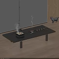 Black Coffee Table With Metal Legs Charcoal Stove Copper Kettle And Small Cups On Tray