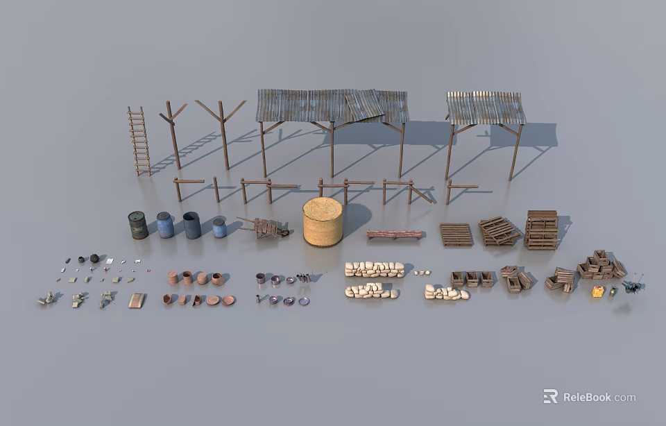 Essential Public Facility Components Including Shelters Ladders Barrels Crates And Tools 3d model 